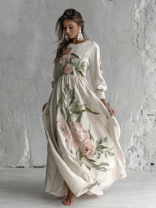 Cardydony Women's Rose Printed Art V-neck Long Sleeve Maxi Dress
