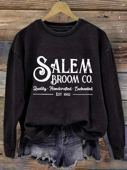 Cardydony Women's Salem Broom Co Quality Handcrafted Enchanted Est 1692 Printed Round Neck Long Sleeve Sweatshirt