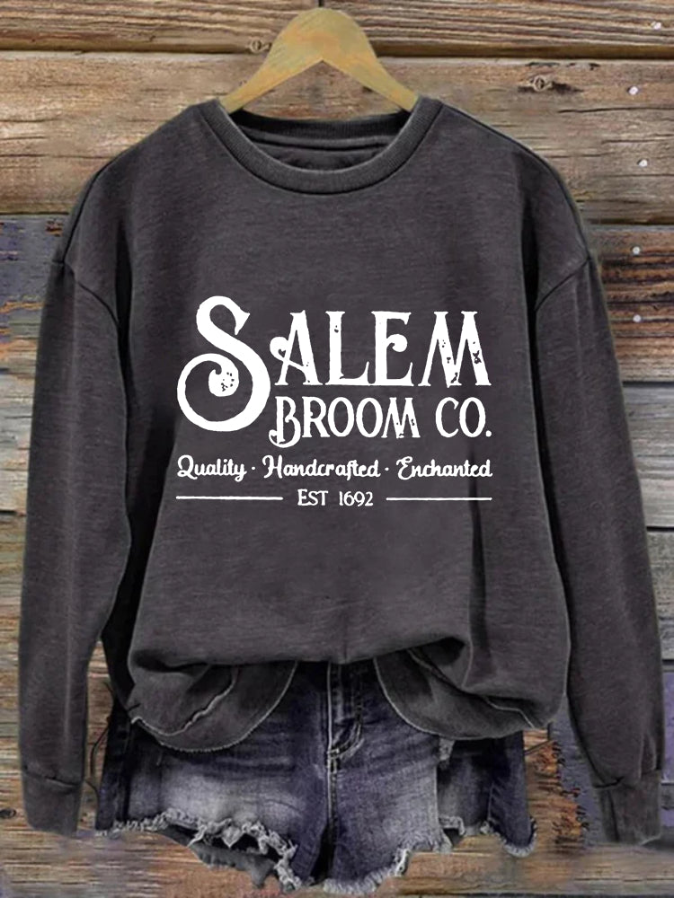 Cardydony Women's Salem Broom Co Quality Handcrafted Enchanted Est 1692 Printed Round Neck Long Sleeve Sweatshirt