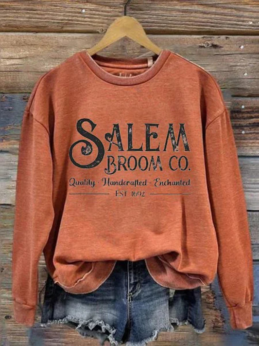 Cardydony Women's Salem Broom Co Quality Handcrafted Enchanted Est 1692 Printed Round Neck Long Sleeve Sweatshirt
