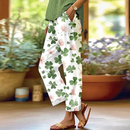 Cardydony Women's Shamrock Flower St. Patrick's Day Print Casual Pants