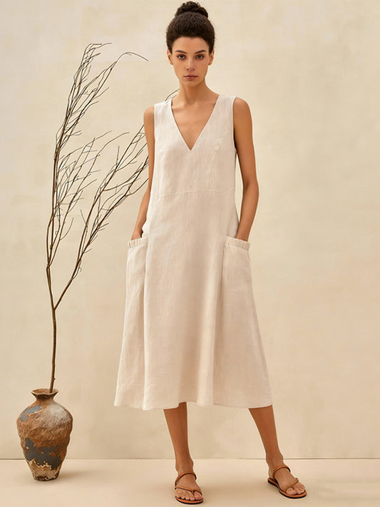 Cardydony Women's Solid Color Cotton And Linen Classic Dress