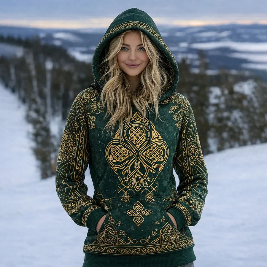 Cardydony Women's St. Patrick's Day Celtic Knot Pattern Comfortable Hooded Sweatshirt