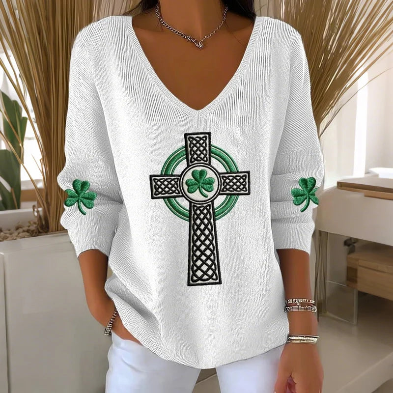 Cardydony Women's St. Patrick's Day Print V-neck Knit Sweatshirt