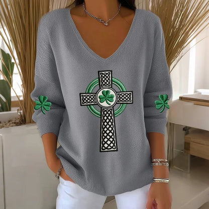 Cardydony Women's St. Patrick's Day Print V-neck Knit Sweatshirt