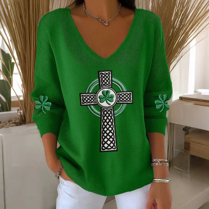 Cardydony Women's St. Patrick's Day Print V-neck Knit Sweatshirt