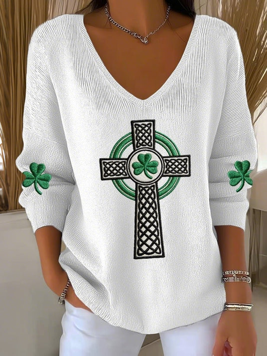 Cardydony Women's St. Patrick's Day Print V-neck Knit Sweatshirt