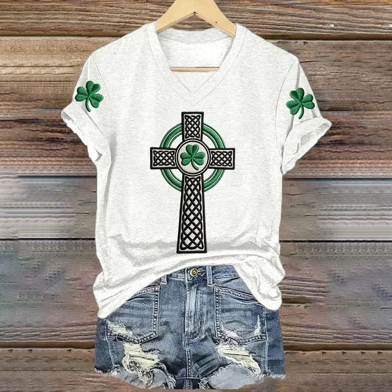 Cardydony Women's St. Patrick's Day Print V-neck Short Sleeve T-shirt