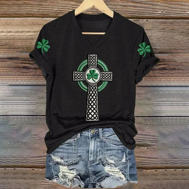 Cardydony Women's St. Patrick's Day Print V-neck Short Sleeve T-shirt
