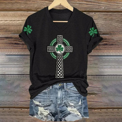 Cardydony Women's St. Patrick's Day Print V-neck Short Sleeve T-shirt