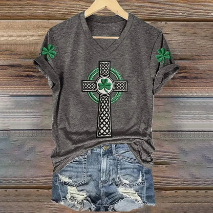 Cardydony Women's St. Patrick's Day Print V-neck Short Sleeve T-shirt