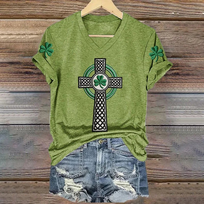 Cardydony Women's St. Patrick's Day Print V-neck Short Sleeve T-shirt
