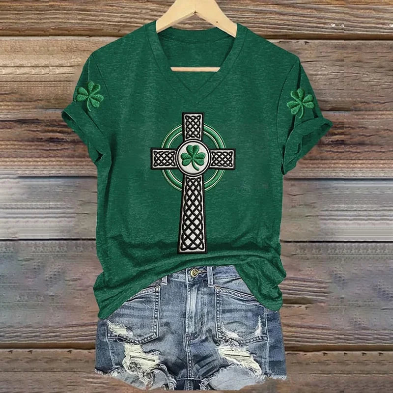 Cardydony Women's St. Patrick's Day Print V-neck Short Sleeve T-shirt