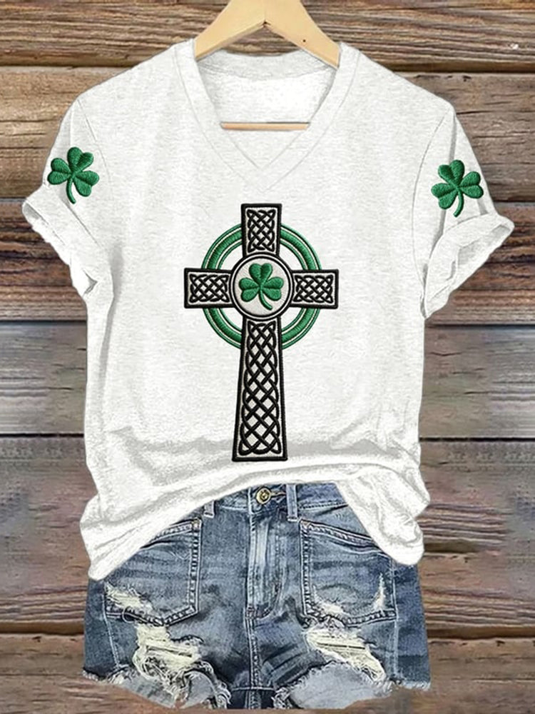 Cardydony Women's St. Patrick's Day Print V-neck Short Sleeve T-shirt