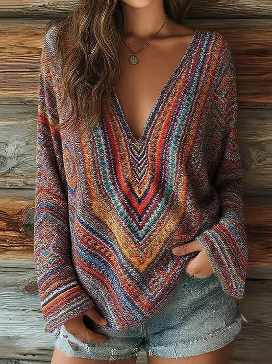 Cardydony Women's Striped Art Print Casual V-neck Long Sleeve Top