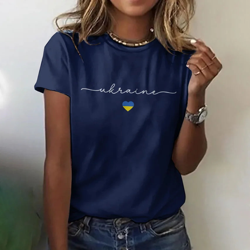 Cardydony Women's Ukraine Heart Flag Print Crew Neck T-shirt