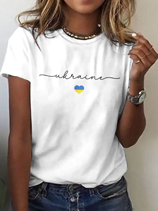 Cardydony Women's Ukraine Heart Flag Print Crew Neck T-shirt