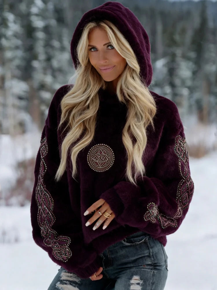 Cardydony Women's Viking Celtic Knot Art Plush Warm Flannel Hoodie