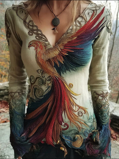Cardydony Women's Viking Celtic Phoenix Totem Gradient Linen Long Sleeve T-shirt