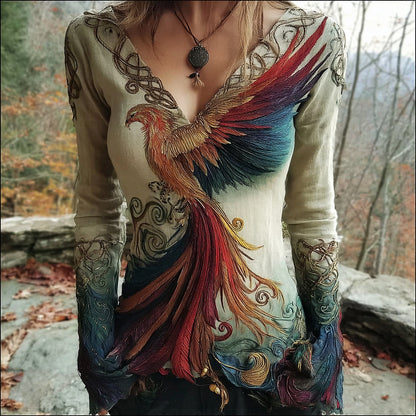 Cardydony Women's Viking Celtic Phoenix Totem Gradient Linen Long Sleeve T-shirt