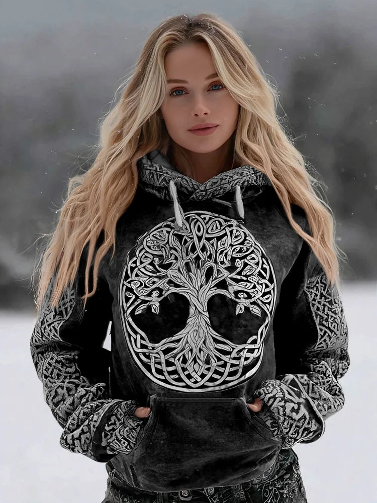 Cardydony Women's Viking Celtic Tree Of Life Pattern Art Cozy Flannel Hooded