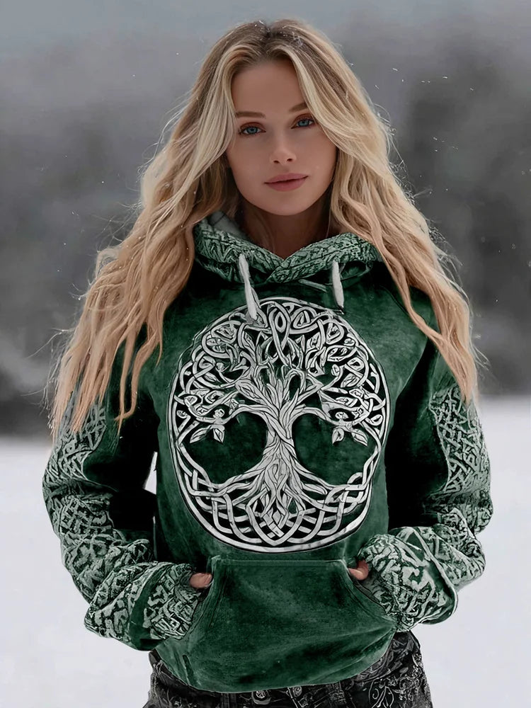Cardydony Women's Viking Celtic Tree Of Life Pattern Art Cozy Flannel Hooded