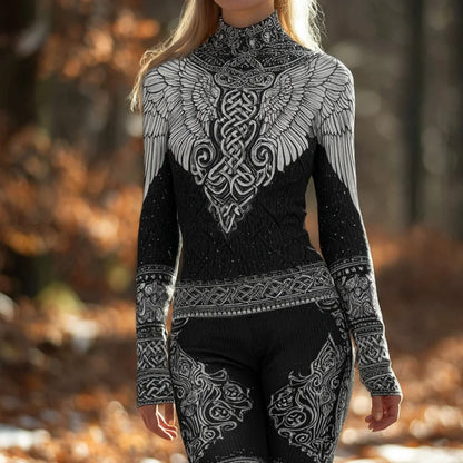 Cardydony Women's Viking Style Wings Celtic Knot Black And White Turtleneck Sweater
