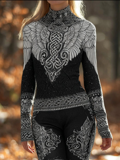 Cardydony Women's Viking Style Wings Celtic Knot Black And White Turtleneck Sweater