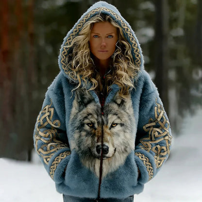 Cardydony Women's Viking Style Wolf Celtic Art Fleece Hooded Zip-up Jacket