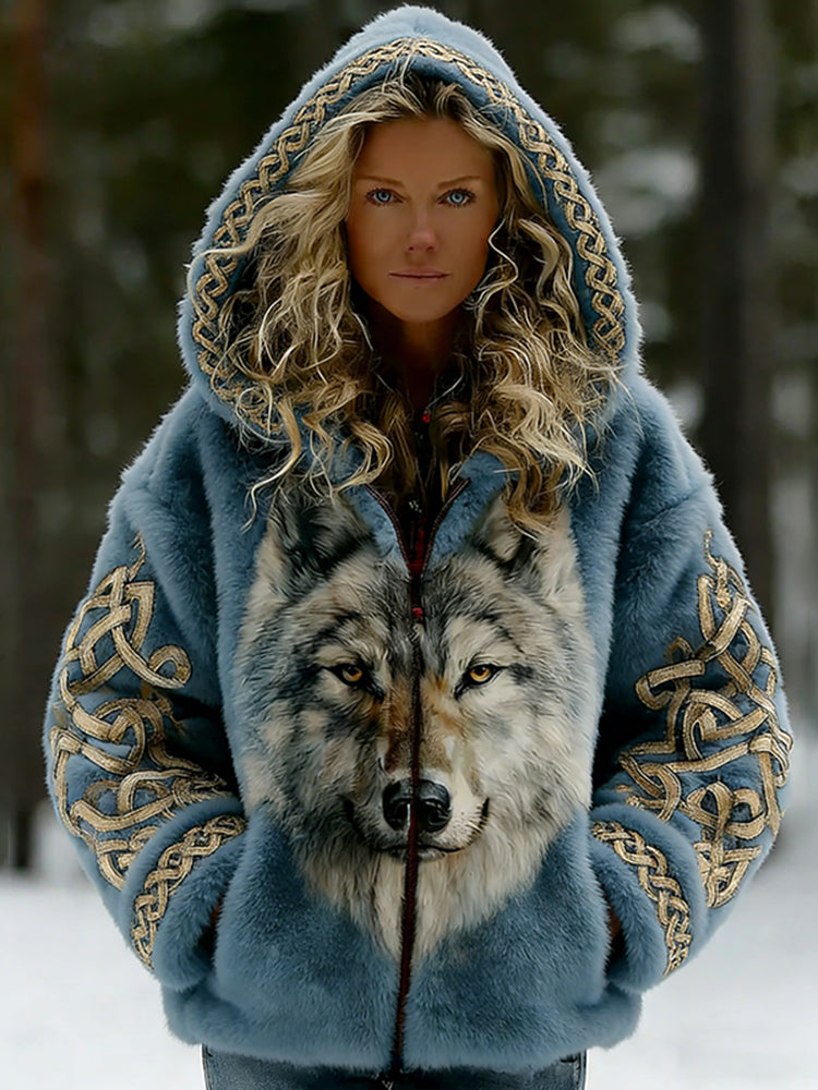 Cardydony Women's Viking Style Wolf Celtic Art Fleece Hooded Zip-up Jacket
