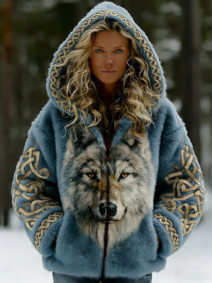 Cardydony Women's Viking Style Wolf Celtic Art Fleece Hooded Zip-up Jacket