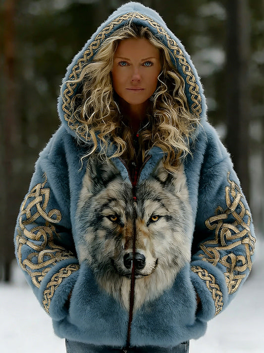 Cardydony Women's Viking Style Wolf Celtic Art Fleece Hooded Zip-up Jacket
