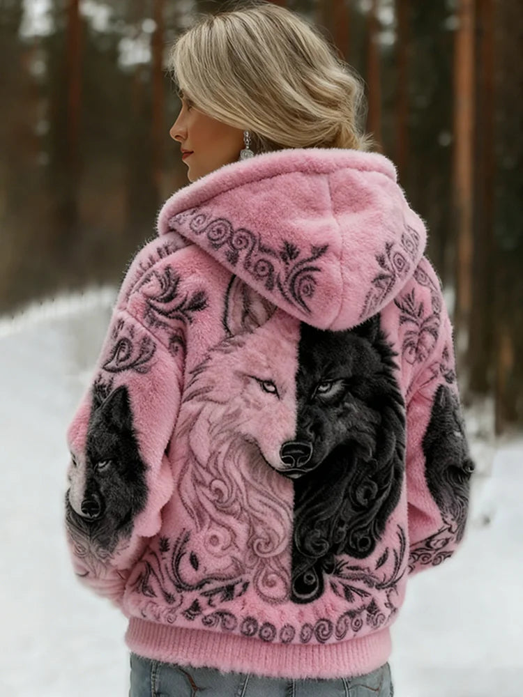Cardydony Women's Viking Wolf Art Knit Cozy Flannel Hooded