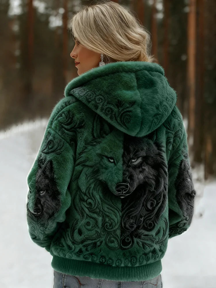 Cardydony Women's Viking Wolf Art Knit Cozy Flannel Hooded