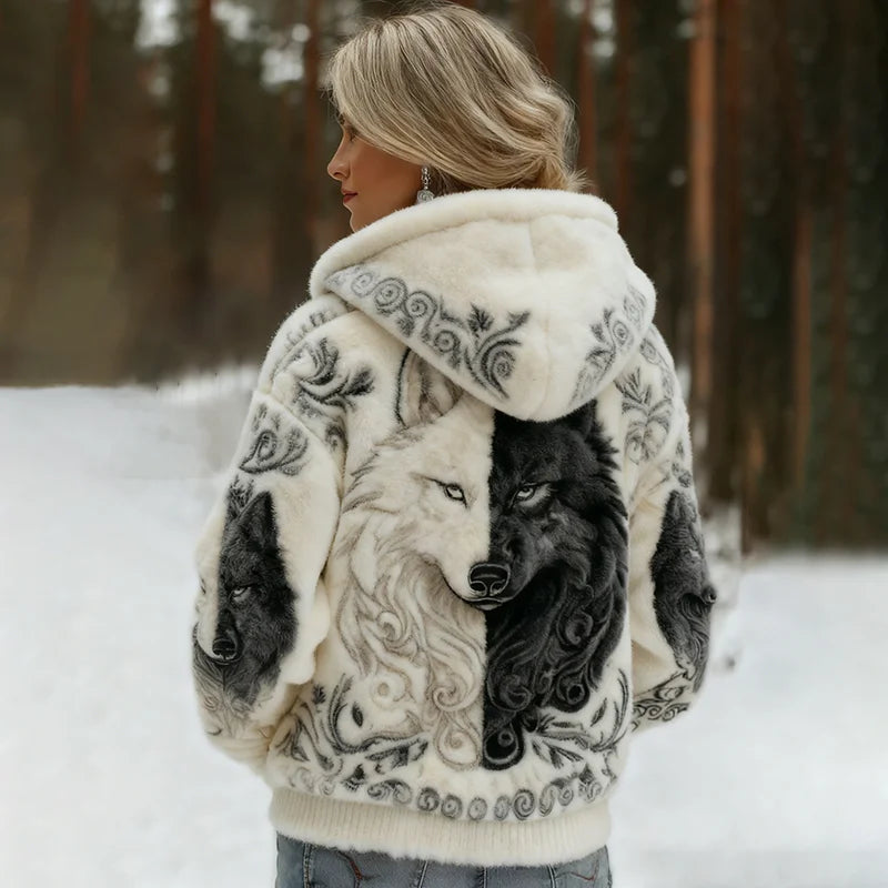 Cardydony Women's Viking Wolf Art Knit Cozy Flannel Hooded