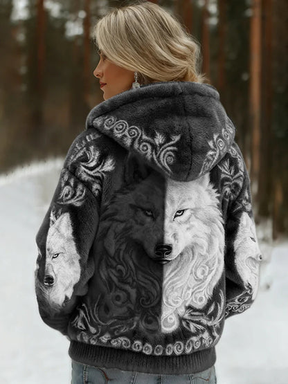 Cardydony Women's Viking Wolf Art Knit Cozy Flannel Hooded