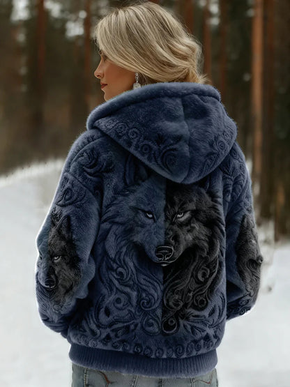 Cardydony Women's Viking Wolf Art Knit Cozy Flannel Hooded