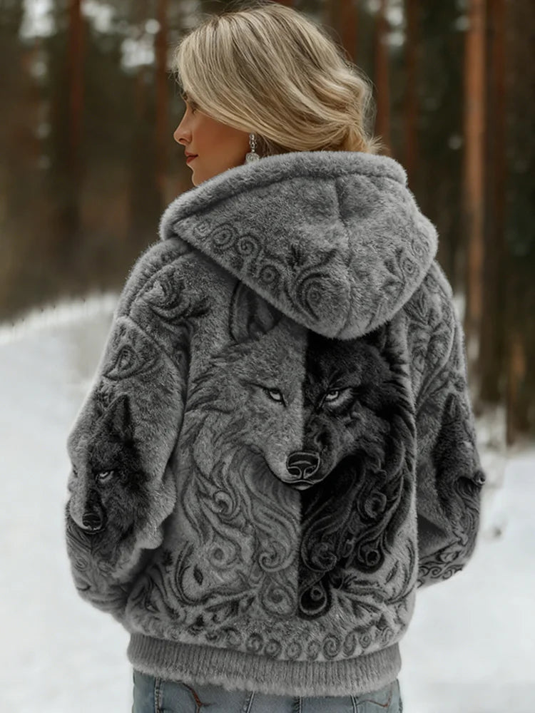 Cardydony Women's Viking Wolf Art Knit Cozy Flannel Hooded