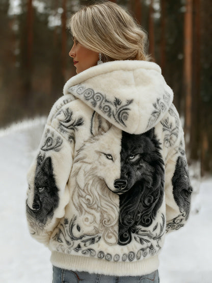 Cardydony Women's Viking Wolf Art Knit Cozy Flannel Hooded