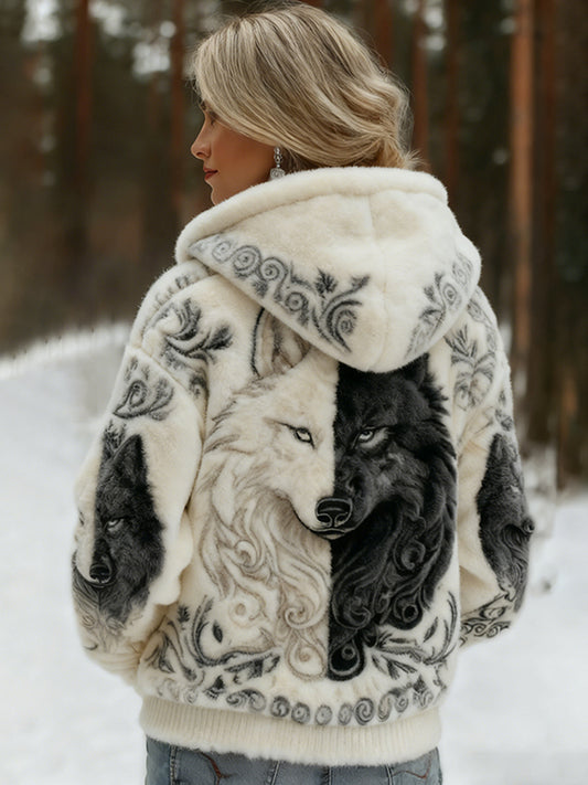 Cardydony Women's Viking Wolf Art Knit Cozy Flannel Hooded