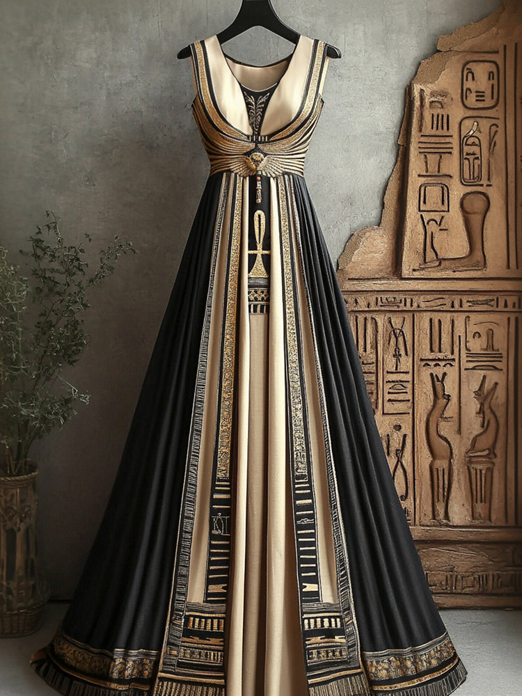 Cardydony Women's Vintage Ankh Ancient Egyptian Embroidered Linen Maxi Dress