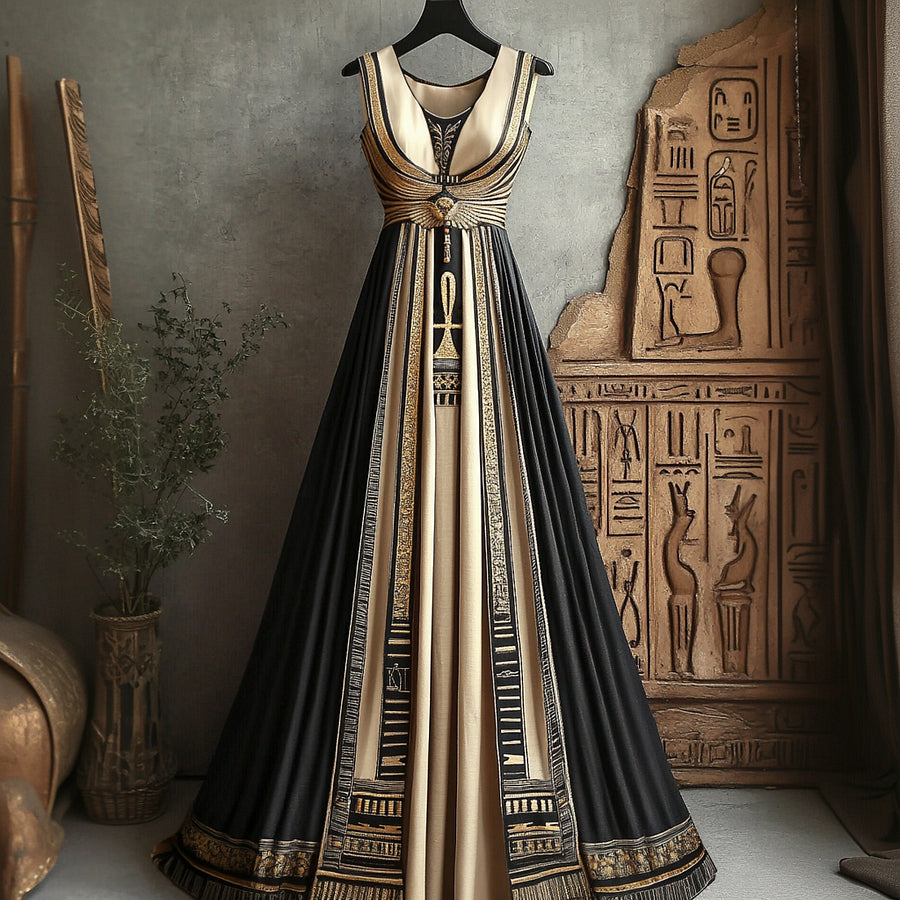 Cardydony Women's Vintage Ankh Ancient Egyptian Embroidered Linen Maxi Dress