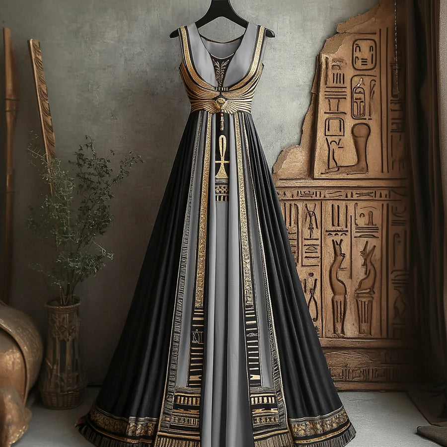 Cardydony Women's Vintage Ankh Ancient Egyptian Embroidered Linen Maxi Dress