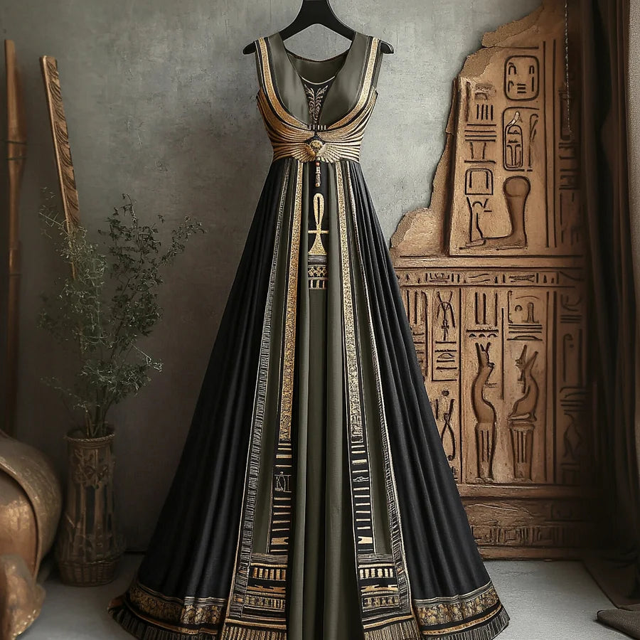 Cardydony Women's Vintage Ankh Ancient Egyptian Embroidered Linen Maxi Dress