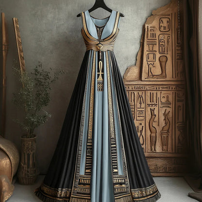 Cardydony Women's Vintage Ankh Ancient Egyptian Embroidered Linen Maxi Dress