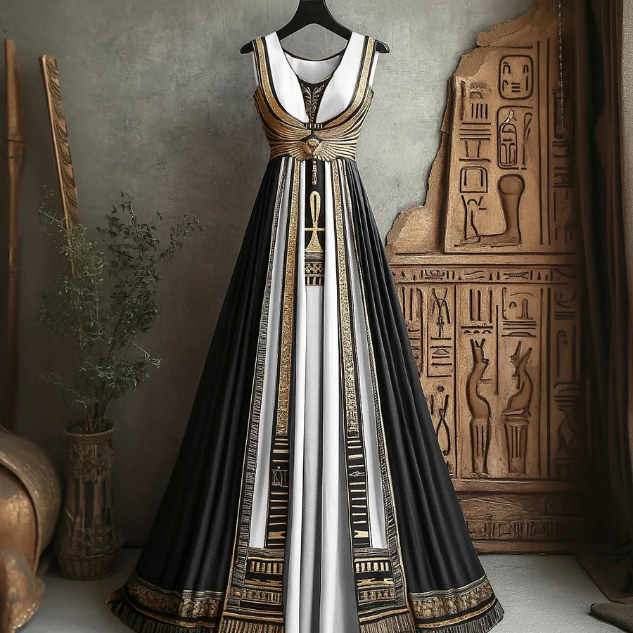 Cardydony Women's Vintage Ankh Ancient Egyptian Embroidered Linen Maxi Dress