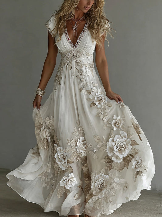 Cardydony Women's Vintage Boho Floral Art Short-sleeved Maxi Dress