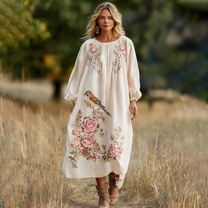 Cardydony Women's Vintage Boho Roses And Birds Art Casual Dress