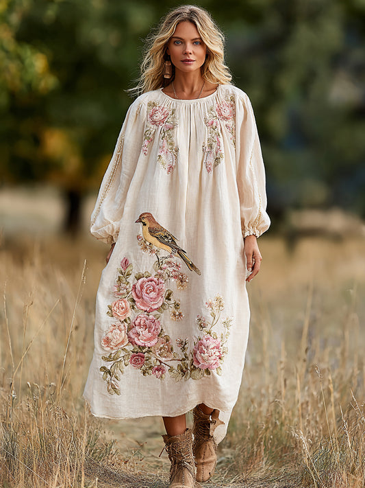 Cardydony Women's Vintage Boho Roses And Birds Art Casual Dress