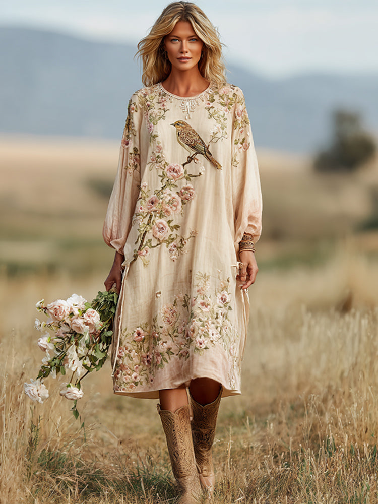 Cardydony Women's Vintage Boho Roses And Birds Art Casual Dress